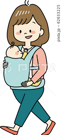 抱っこ紐でお散歩するお母さんと赤ちゃんのイラスト素材