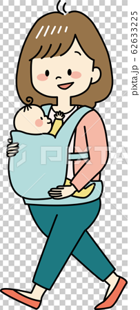 抱っこ紐でお散歩するお母さんと赤ちゃんのイラスト素材
