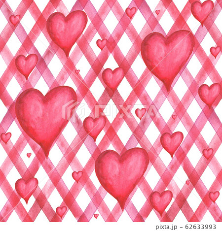 Watercolor background with red hearts on red plaid Watercolor background with red hearts on red plaid 62633993