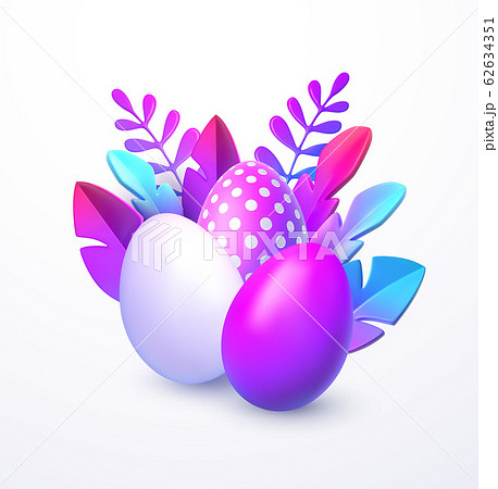Easter background. Bright stylish 3D foliage in the style of webdesign neomorphism. Template for advertising banner, flyer, flyer, poster, web page. Vector illustration 62634351