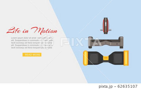 Life in motion with segway, hoverboard and gyroscooter web banner vector illustration. Monowheel or Solo wheel. Alternative eco transport website. 62635107