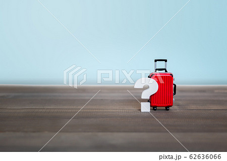 Question mark with Red Luggage Bag on wood table , Question mark with Red Luggage Bag on wood table , 62636066