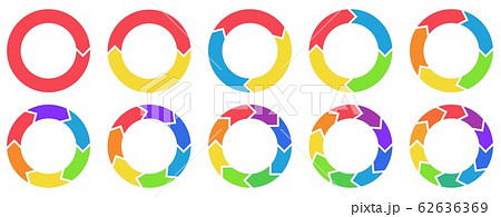 Colorful circle arrow charts. Multicolor spinning arrows, repeat circle combinations and reload icon vector set 62636369