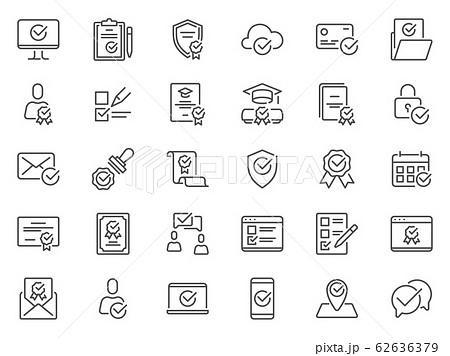 Check mark icons. Quality standard mark, confirmed mark and legal stamp. Verified signed certificate icon 62636379