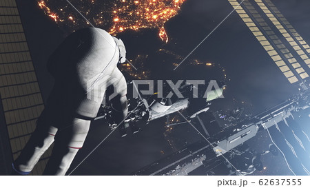astronaut back view realistic ISS orbiting Earth 62637555