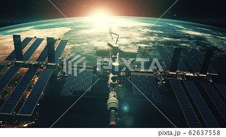 Close up ISS flying over Earth globe atmosphere 62637558