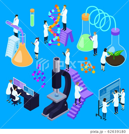 People in lab isometric vector scientists researching in laboratory. Illustration set of professional chemists and medical characters doing chemical experiments 62639180