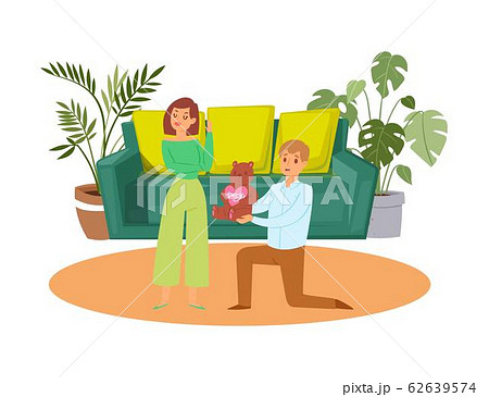 Family concept with young couple, angry wife after quarrel looking with frustrated look and loving husband with gift cartoon vector illustration. 62639574