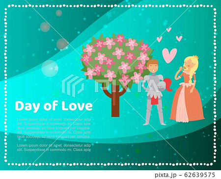 Cute medieval princess lady and knight love day with blosom tree and hearts cartoon vector illustration. Cute medieval princess lady and knight love day with blosom tree and hearts cartoon vector illustration. 62639575