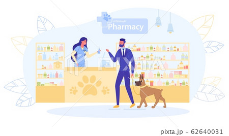 Flat Man with Dog Coming to Veterinary Pharmacy. 62640031