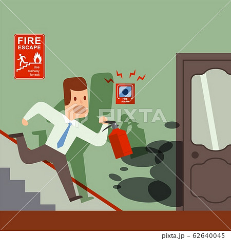 Fire in office, man with extinguisher running to help, emergency situation alarm, vector illustration 62640045
