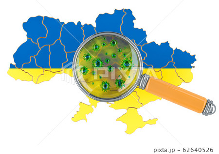 Ukrainian map with coronavirus under magnifier 62640526