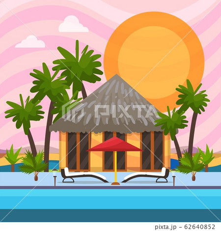 Tropical vacation vector illustration. Summer bungalow house near water pool seaside shore. Sunbeds, umbrella, palm trees. Exotic travel tourism leisure. Tropical vacation vector illustration. Summer bungalow house near water pool seaside shore. Sunbeds, umbrella, palm trees. Exotic travel tourism leisure. 62640852