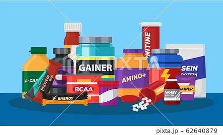 Sport nutrition biologically active additives supplements vector illustration. Jars with sport nutrition pills for athletes bodybuilders. Protein energy bar, gainer. Sport nutrition biologically active additives supplements vector illustration. Jars with sport nutrition pills for athletes bodybuilders. Protein energy bar, gainer. 62640879
