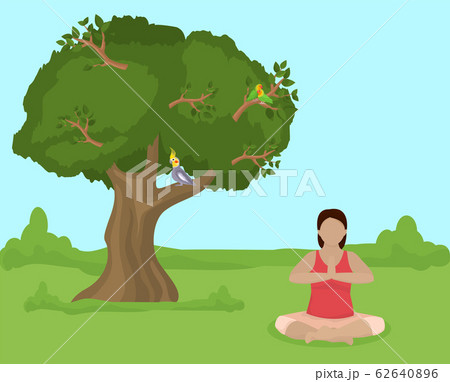 Meditating young woman sit in lotus yoga position on nature vector illustration. Girl practices yoga outdoor in open air. Healthy lifestyle, wellness, sport, activity. 62640896