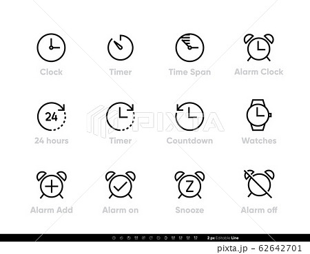Clock and Timer, Alarm and Watch icons vector set. Editable line illustration. 62642701