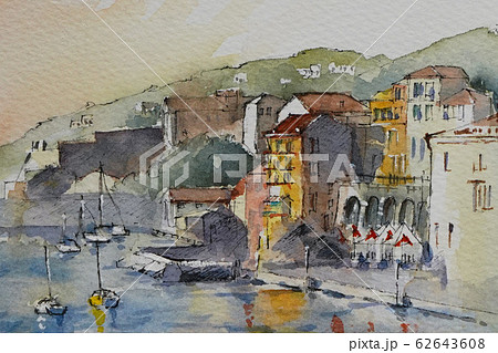 ヨーロッパの港町 水彩画 風景画のイラスト素材