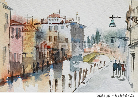 ヨーロッパの街 水彩画 風景画 のイラスト素材