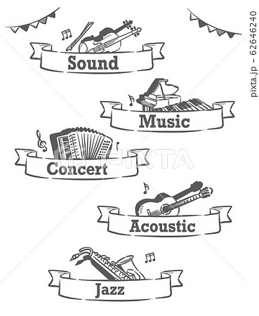 楽器のイラストを使った、音楽がテーマのラベル、バナー素材 62646240