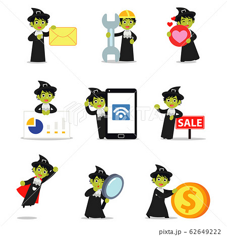 Set character of man try to defeat the wicked witch with black hat. Set character of man try to defeat the wicked witch with black hat. 62649222