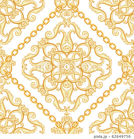 Seamless damask pattern. Golden beige on white texture with chains. Vector illustration. 62649756