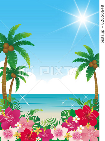 トロピカル夏の海背景 ハイビスカスとヤシの木のイラスト素材