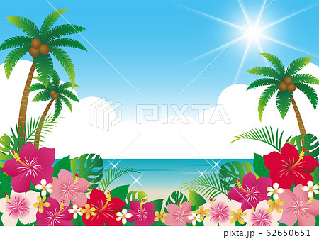 トロピカル夏の海背景 ハイビスカスとヤシの木のイラスト素材
