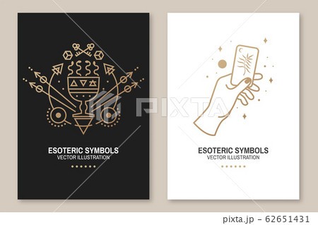 Gold esoteric symbols. Vector. Thin line geometric badge. Outline icon for alchemy or sacred geometry. Mystic and magic design with hand, cup with snakes and and moon 62651431