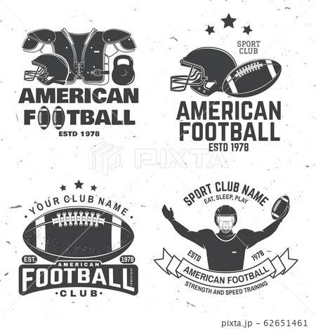 Set Of American Football Or Rugby Club Badge Vector For Shirt Logo Print  Stamp Patch Vintage Design With Bull American Football Sportsman Player  Helmet Ball And Shoulder Pads Silhouette Stock Illustration 