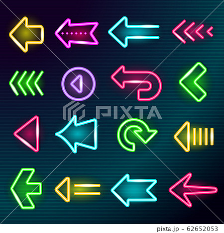 Neon arrows. Glow lighting direction hotel arrow signs night outside shining advertizing elements vector bright collection set Neon arrows. Glow lighting direction hotel arrow signs night outside shining advertizing elements vector bright collection set 62652053