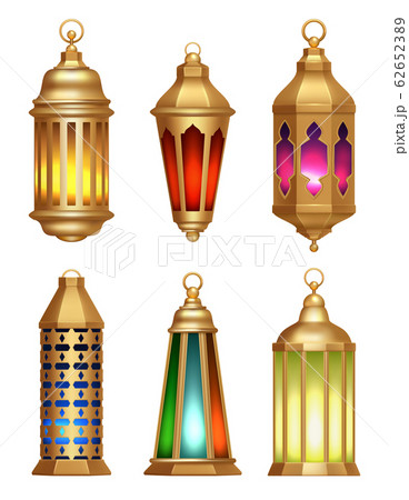 Islamic lamps. Ramadan lanterns arabic vintage golden lighting lamps vector realistic pictures Islamic lamps. Ramadan lanterns arabic vintage golden lighting lamps vector realistic pictures 62652389