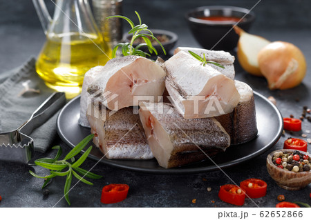 Raw fresh sliced hake fish with ingredients for 62652866