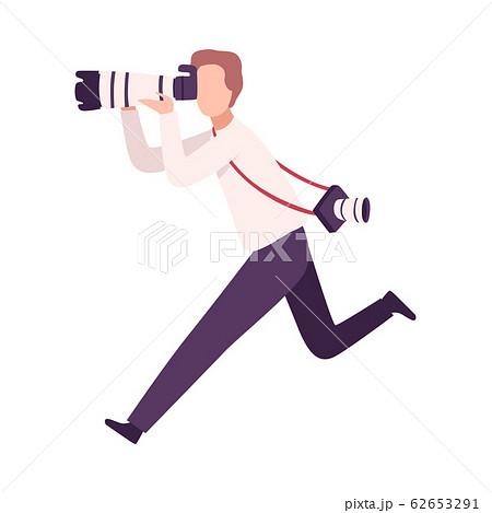Paparazzi Running with Camera, Male Photographer Following Celebrity Flat Vector Illustration 62653291