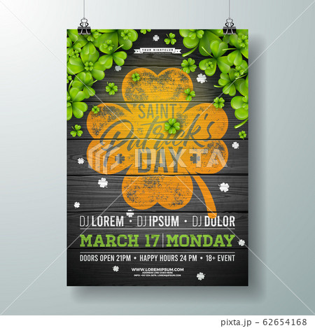 Saint Patrick's Day Celebration Party Flyer Illustration with Clover and Typography Letter on Vintage Wood Background. Vector Irish Lucky Holiday Design for Poster, Banner or Invitation. Saint Patrick's Day Celebration Party Flyer Illustration with Clover and Typography Letter on Vintage Wood Background. Vector Irish Lucky Holiday Design for Poster, Banner or Invitation. 62654168