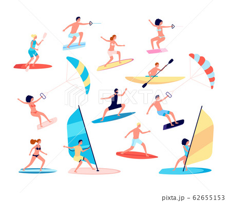 Water sports. Canoes, extreme sea lifestyle. Surfing and windsurfing, people recreational ocean outdoor activity. Summer leisure vector set Water sports. Canoes, extreme sea lifestyle. Surfing and windsurfing, people recreational ocean outdoor activity. Summer leisure vector set 62655153