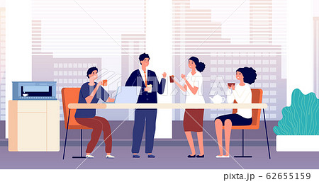 Office coffee break. Business lunch, managers in cafeteria or kitchen room. Friends meeting, people drinking and talking vector illustration 62655159