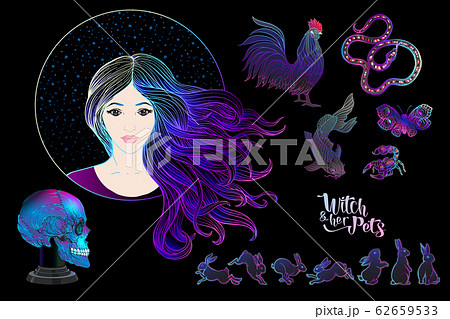 Young woman witch with her mystical pets and human skull. 62659533