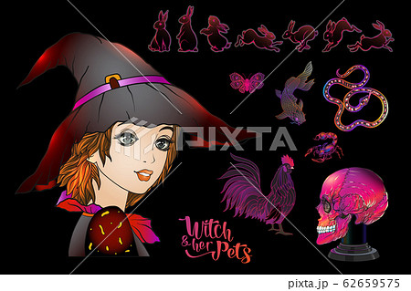 Young woman witch with her mystical pets and human skull. 62659575