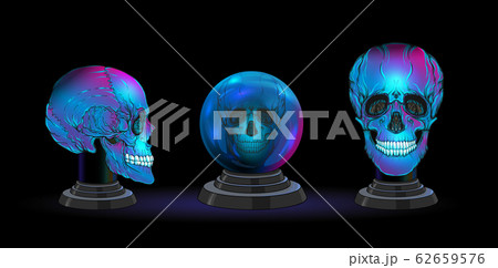 Set of magic ball and human skulls for witchcraft. Set of magic ball and human skulls for witchcraft. 62659576
