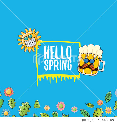Hello spring concept illustration with vector cartoon funky beer glass character, flowers, green leaves and spring orange sun character isolated on blue background. 62663169