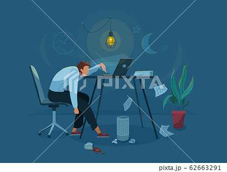 Burnout concept vector background. Tired man sitting on an office chair and trying work at the computer. Nighttime. Business flat cartoon illustration 62663291