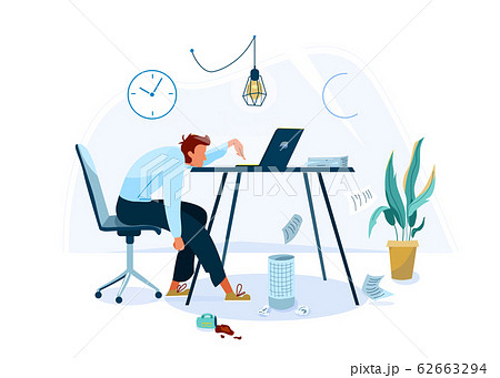 Burnout concept vector background. Tired male office worker sitting on the chair and trying work at the computer. Business flat cartoon illustration isolated on white backdrop Burnout concept vector background. Tired male office worker sitting on the chair and trying work at the computer. Business flat cartoon illustration isolated on white backdrop 62663294