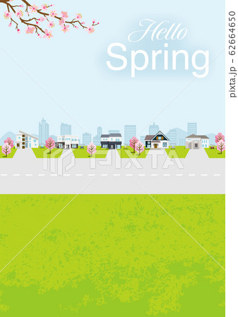 春の住宅街 縦構図 比率 文字つき Hello Spring のイラスト素材