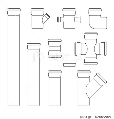 Plastic tubes. Sewer pipe connectors. Outline icons Plastic tubes. Sewer pipe connectors. Outline icons 62665969