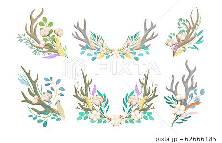 Botanical Composition With Deer Horns And のイラスト素材