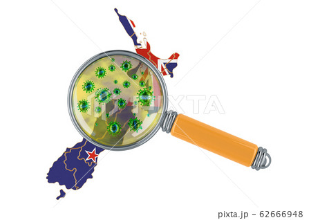 New Zealand map with coronavirus under magnifier 62666948