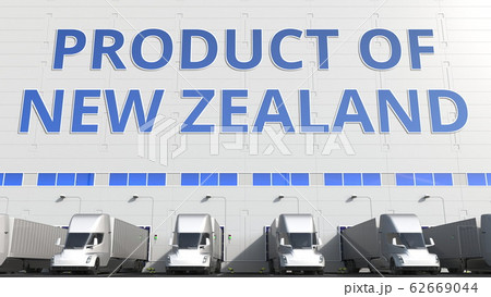 Trailer trucks at warehouse loading dock with PRODUCT OF NEW ZEALAND text. logistics 3D rendering 62669044