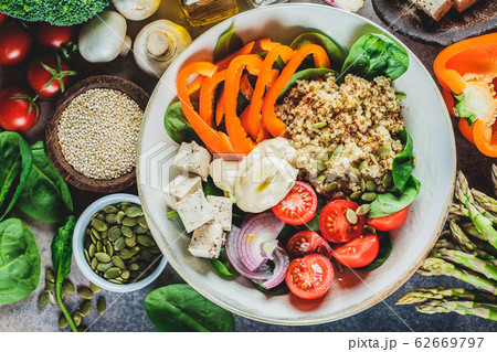 Vegan lunch bowl with quinoa, broccoli, hummus 62669797