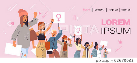 mix race activists protesting holding placards with female gender sign feminist demonstration girl power movement rights protection women empowerment concept portrait horizontal copy space mix race activists protesting holding placards with female gender sign feminist demonstration girl power movement rights protection women empowerment concept portrait horizontal copy space 62670033