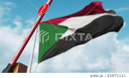 Open boom gate on the Sudanian flag background. Free border crossing or lifting a ban in Sudan. 3D rendering 62671131